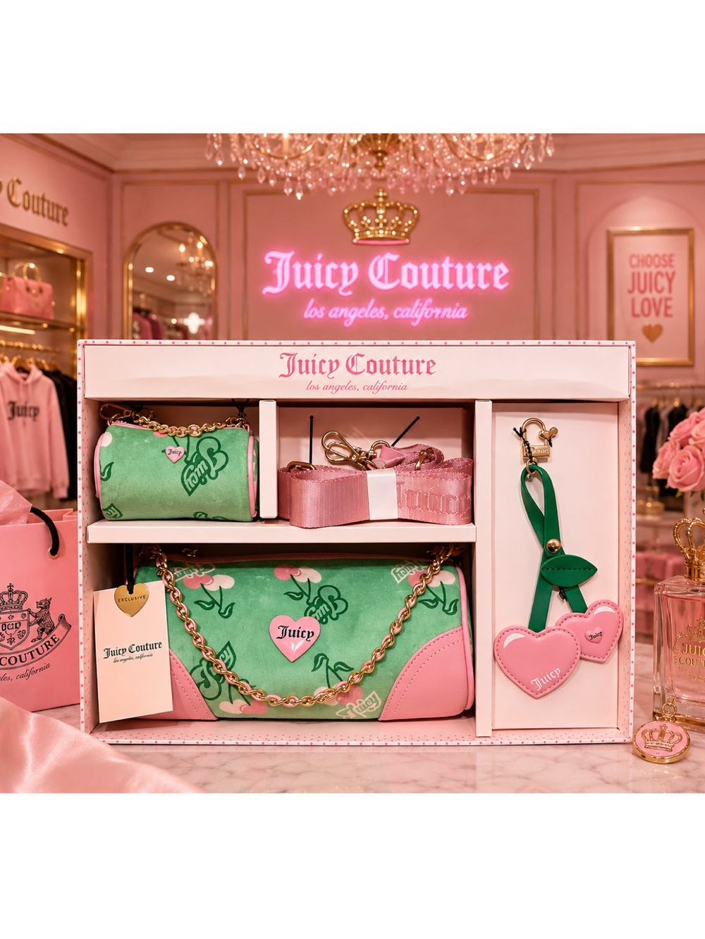 Juicy Couture Limited Edition 4 Piece Heritage Cherry Barrel Bag Boxed Gift Set.
